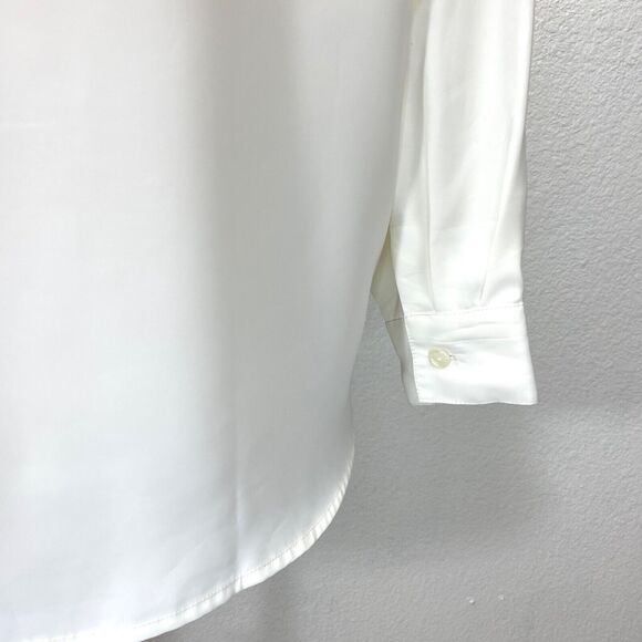 Vintage White Slinky Blouse Medium Front Placket Button Embroidery Career Formal - Picture 8 of 10